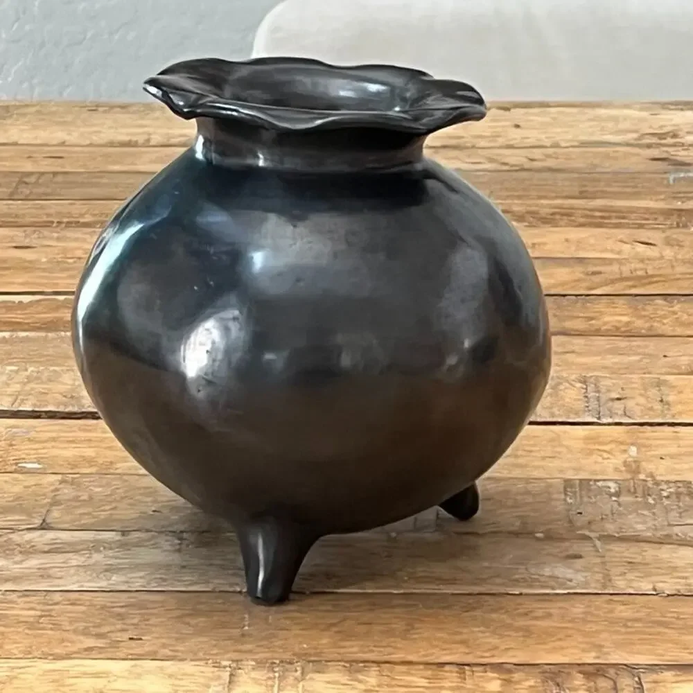 Three Footed Black Pottery Vase Traditional Barro Negro Vessel Oaxaca México
